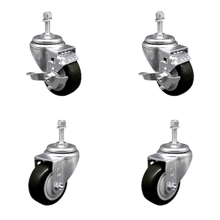 Service Caster 3.5 Inch SS Black Polyurethane Swivel 10mm Threaded Stem Caster Brakes, 2PK SSTS20S3514-PPUB-BLK-TLB-M1015-2-S-2